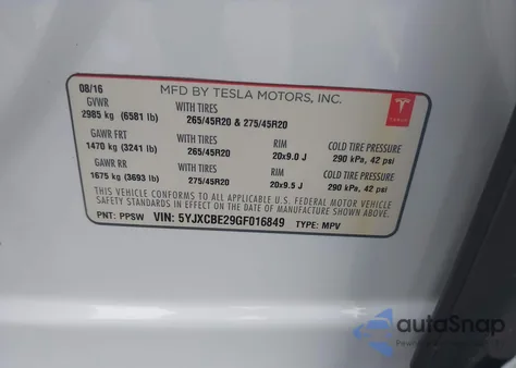2016 Tesla Model X 60D/70D/75D/90D/P100D из США, поврежденный, VIN 5YJXCBE29GF016849